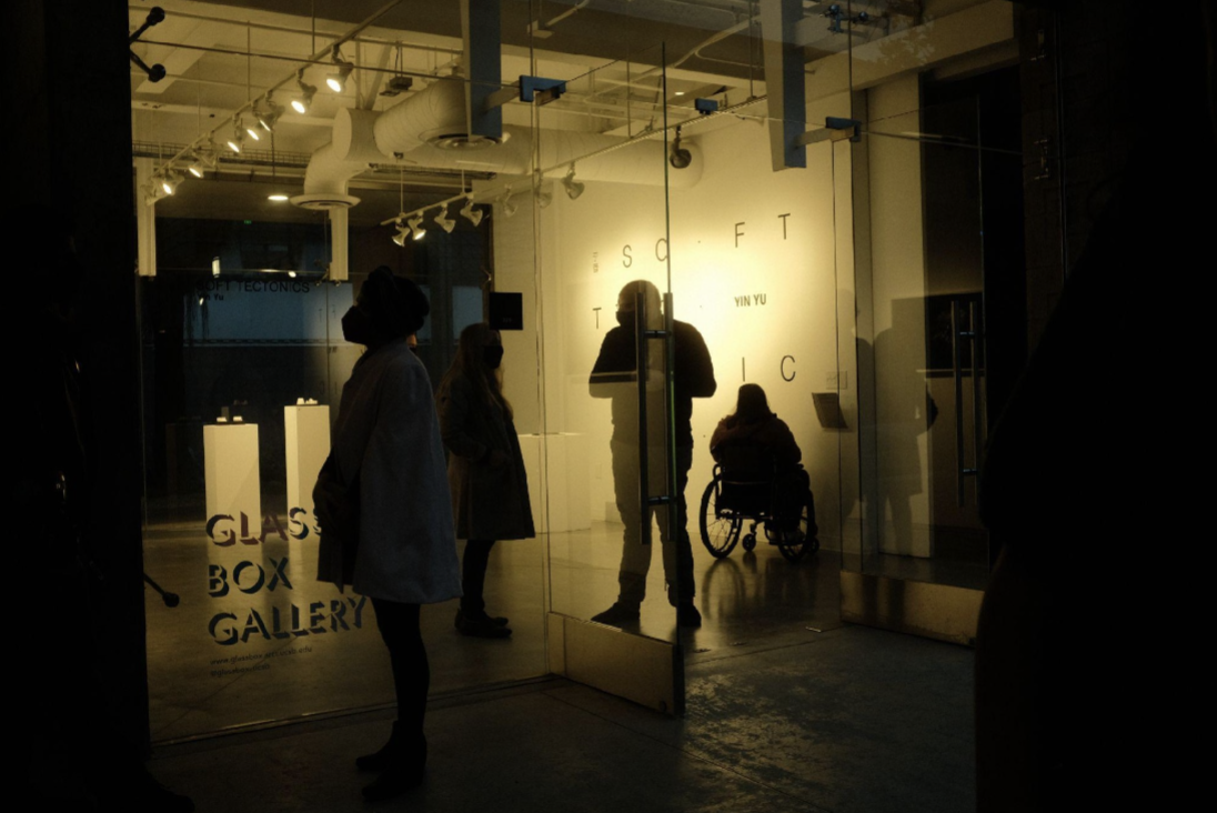   Visitors on opening day at MAT Ph.D. student Yin Yu’s exhibition at UC Santa Barbara.   Photo by JM Escalante. 