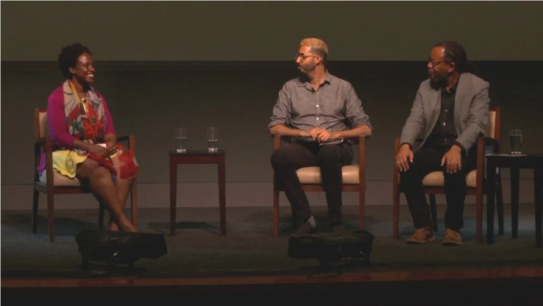  Jean Beaman (Sociology, UCSB) , Leonard Cortana   (Cinema Studies, NYU-Tisch), and Ricado Jacobs (Global Studies, UCSB) discussing  Murder in Paris  during a Carsey-Wolf Center event at the Pollock Theater. 