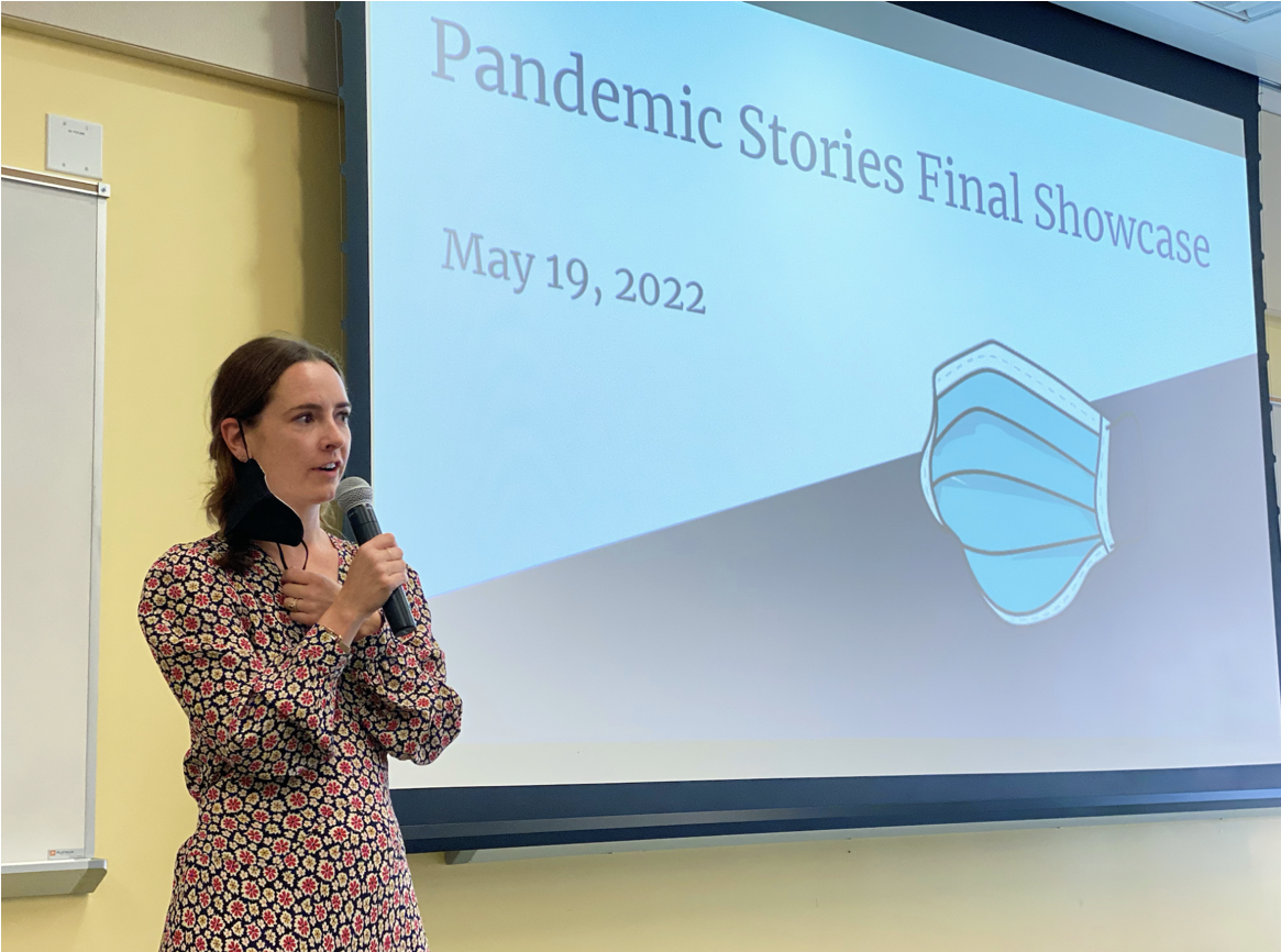  UC Santa Barbara Writing Program lecturer Ellen Whittet introducing the “Pandemic Stories” showcase last week 