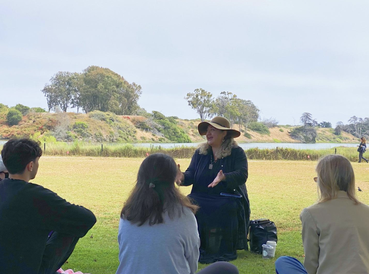  Religious Studies lecturer Fariba Enteshari leading Tuesday Meditation by the UC Santa Barbara Lagoon. 