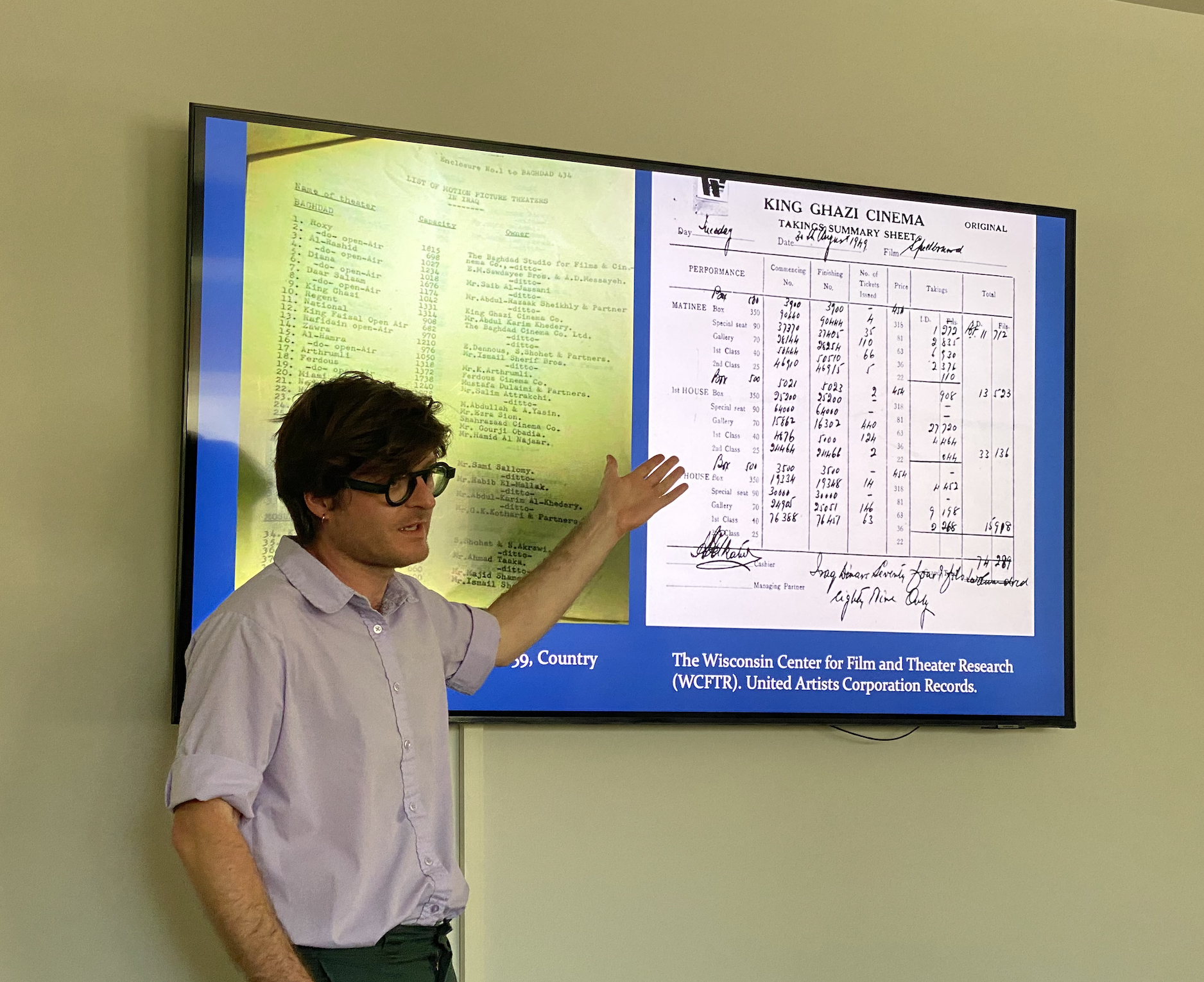 University of Oslo Middle East cultural historian  Pelle Valentin Olsen  showing historical records of cinemas in Iraq at a recent UCSB event sponsored by the  Film and Media Studies  department, the  Interdisciplinary Humanities Center  and the  History  department. 