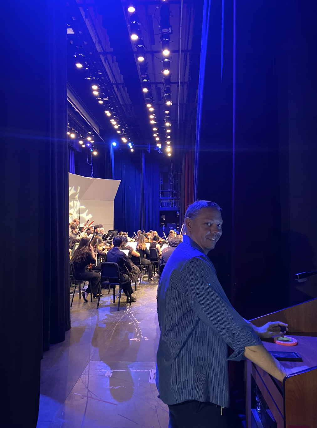   Richard Croy, UCSB’s Production and Events Manager, in the wings of the Lotte Lehmann Concert Hall.  