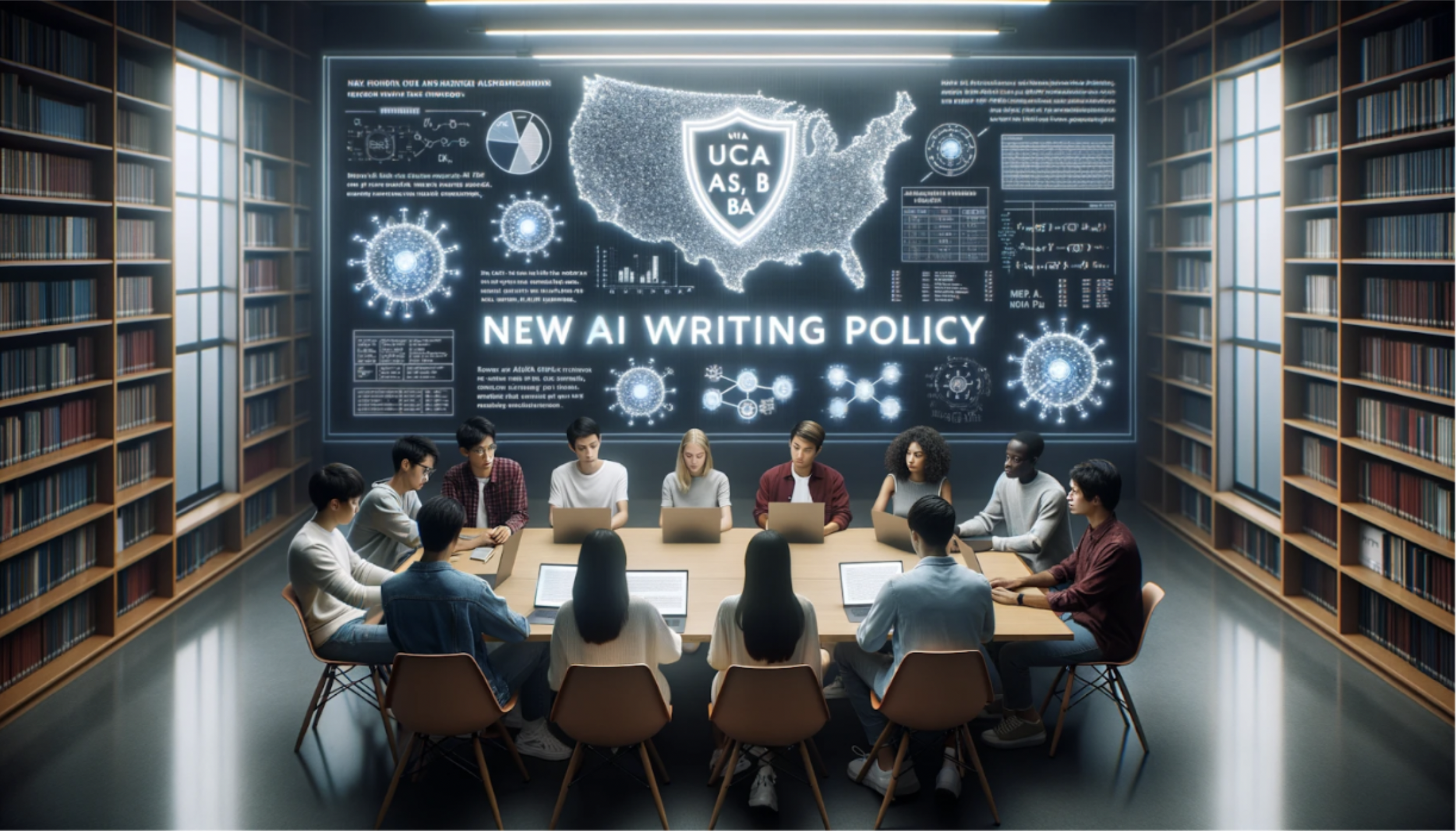   This image of a diverse group of students sitting around a table inside a UCSB conference room was created via a prompt to OpenAI’s DALL-E tool.  