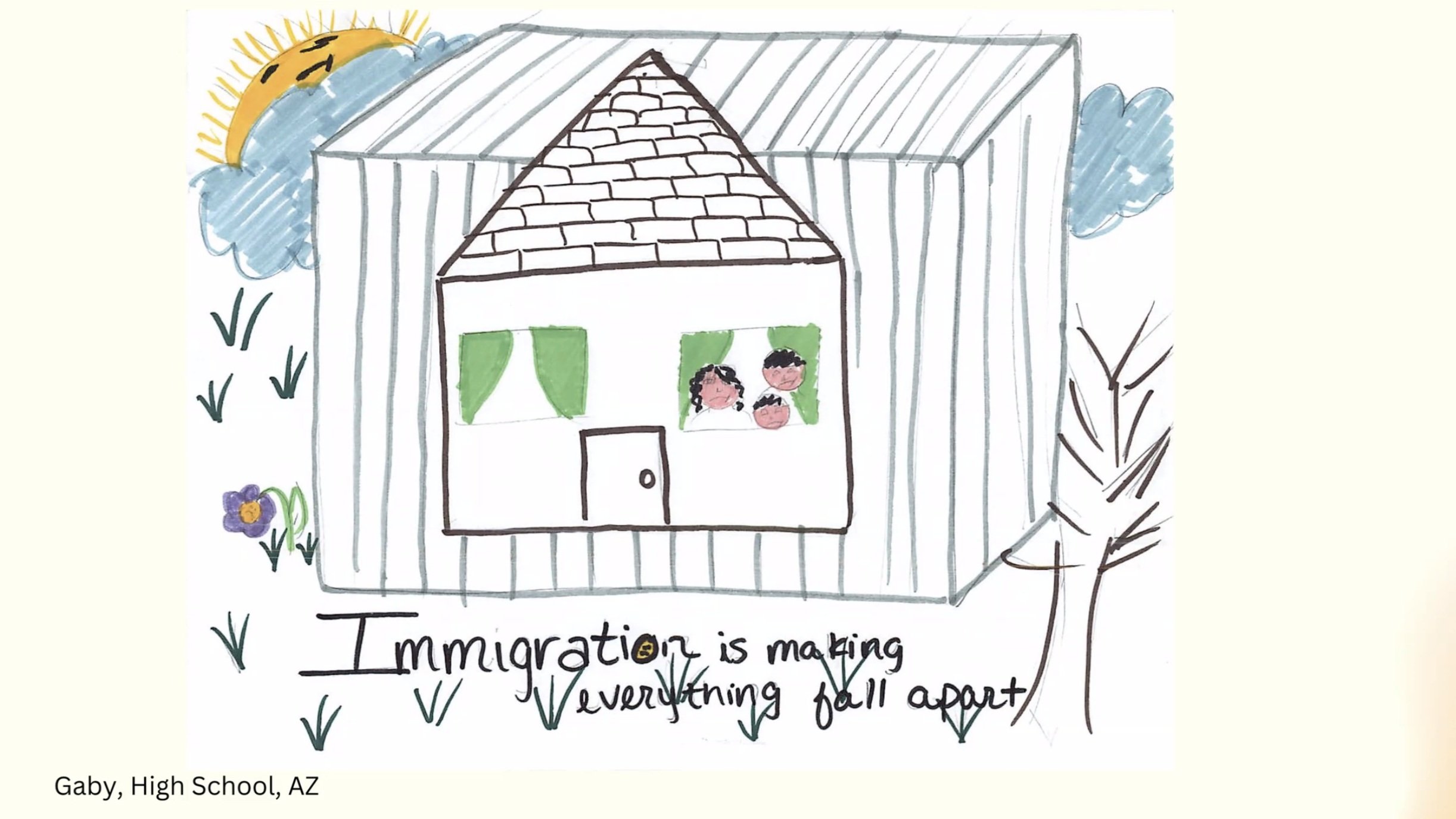  This  drawing by 14-year-old Gaby, from Arizona,  inspired UCSB professor Silvia Rodriguez Vega’s career working with immigrant children through art. 