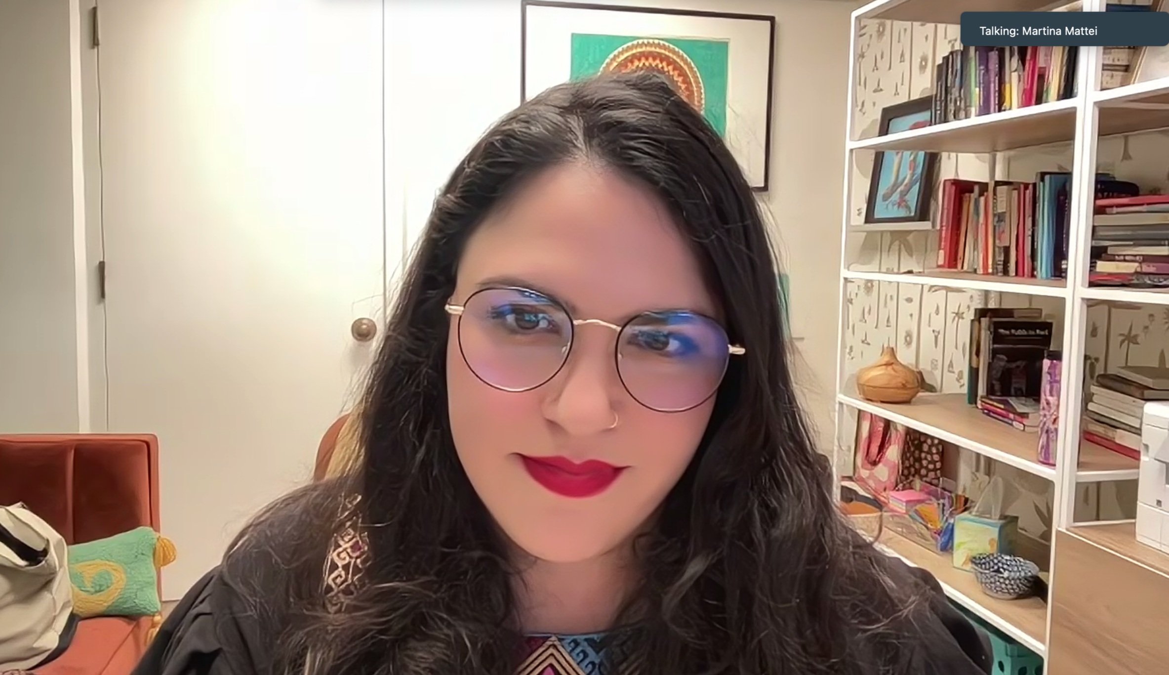  Community-engaged artist, writer and professor of Chicanx Studies Silvia Rodriguez Vega, during her Zoom presentation for a UCSB audience. 