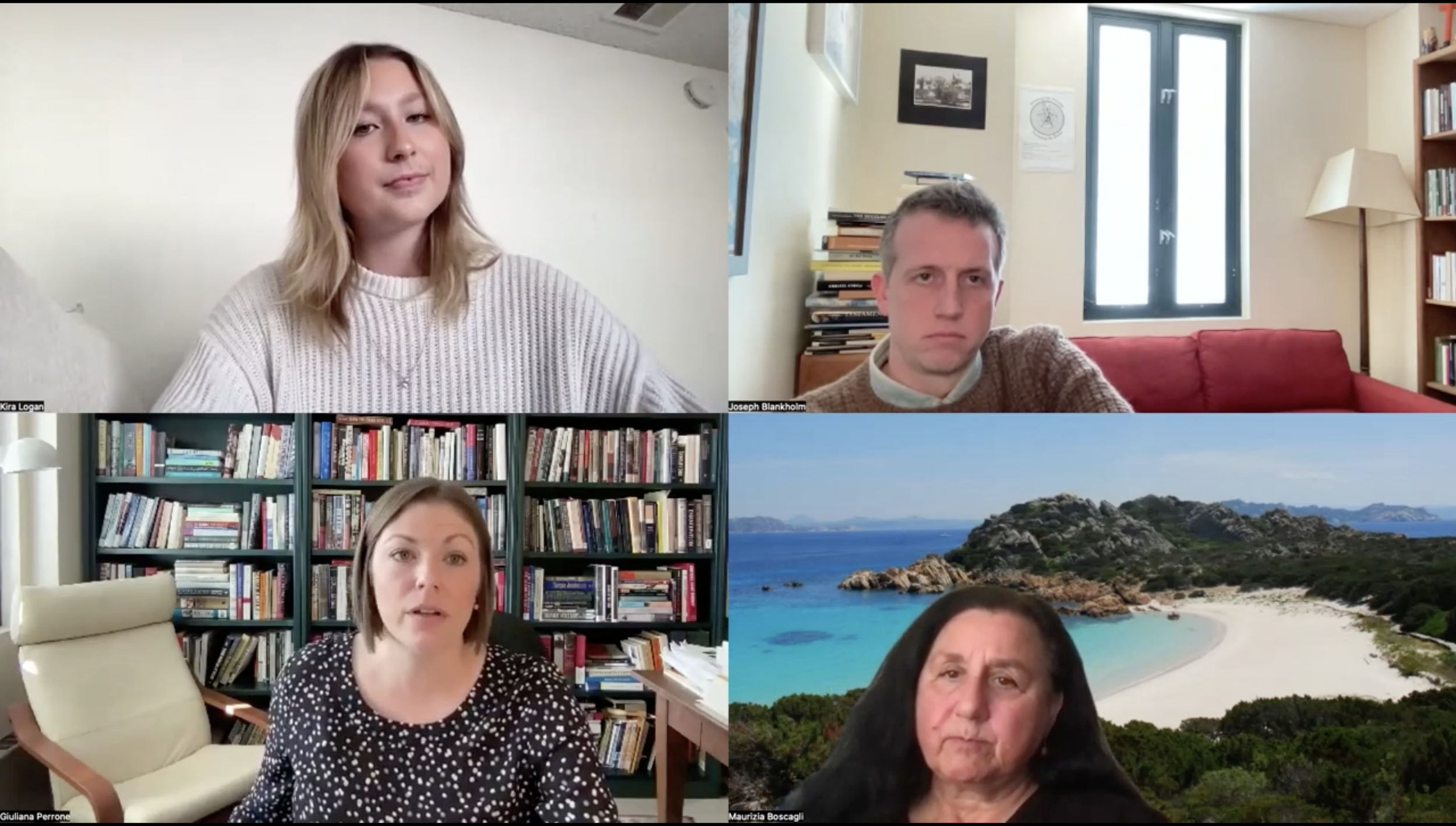   UCSB History professor Giuliana Perrone, bottom left, speaking at an “HFA Speaks” quarterly event with English professor Maurizia Boscagli, bottom right,  Religious Studies professor Joseph Blankholm, upper right,  and student moderator Kira Logan, upper left.  Perrone addressed whether constitutional checks and balances can prevent President-elect Trump from acting above the law.  