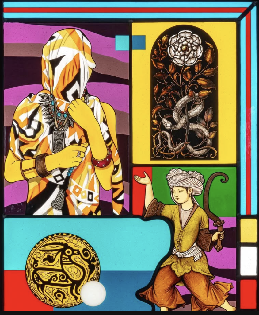   Fallah has worked with a team who specialized in stained glass work to turn his art into stained glass pieces. The piece titled “The Artifacts Left Behind,” took a group of 18 people more than four months to make, he said.  