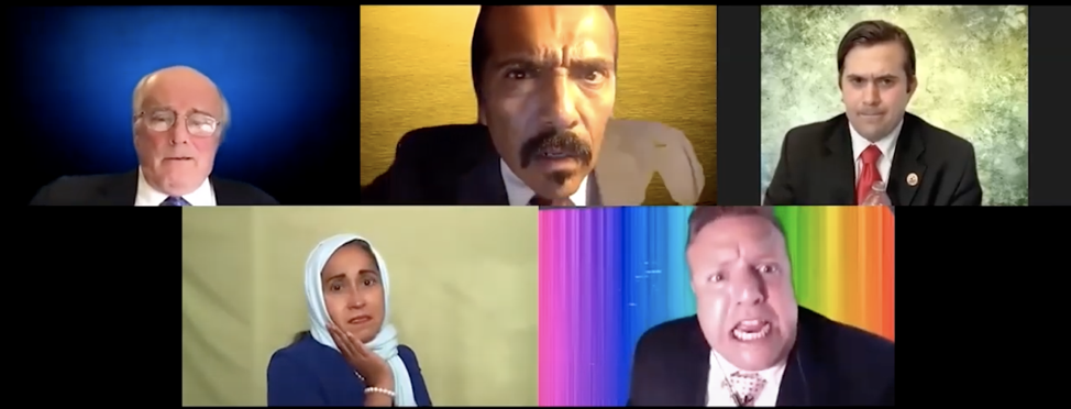  Virtual cast members Irwin Appel (Bernie Sanderus), Raul Cardona (Cassius Cruz), Cyrus Roberts (Corey Bookerus), Cecilia Aragon (Portia), Bryant Hernandez (Marcus Pensus) in  a scene from Trumpus Caesar, an adaptation of Shakespeare’s Julius Caesar by UCSB Theater professor Carlos Morton.   