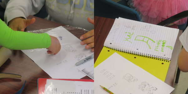   Examples of students’ writing practice and activities. “春,” the Chinese character for spring (left) and “月,” the Chinese character for moon/month (right).  