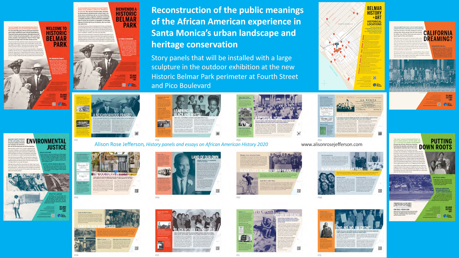  Renderings of UCSB History alumna Alison Rose Jefferson’s Belmar History + Art interpretive panels exhibition being installed at the perimeter of the newly built sports field at Historic Belmar Park at the Civic Center commemorating the historical African American experience in the South Santa Monica Beach neighborhoods.  