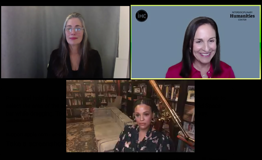    The 2020 Diana and Simon Raab Writer-In-Residence Jesmyn Ward, center, and IHC Director Susan Derwin, upper right, discuss Ward’s exploration of trauma in her work, with an ASL interpreter Katie Voice over Zoom. 