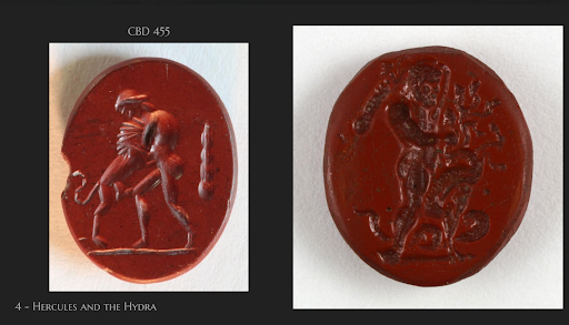   This striking red jasper gem, shown in Evan Axel Andersson’s recent Van Gelderen history lecture, depicts Hercules in his legendary battle against the Hydra. This artifact, from the collections of Oxyrhynchus, illustrates the artistic melding of myth and material in Roman Egypt.   