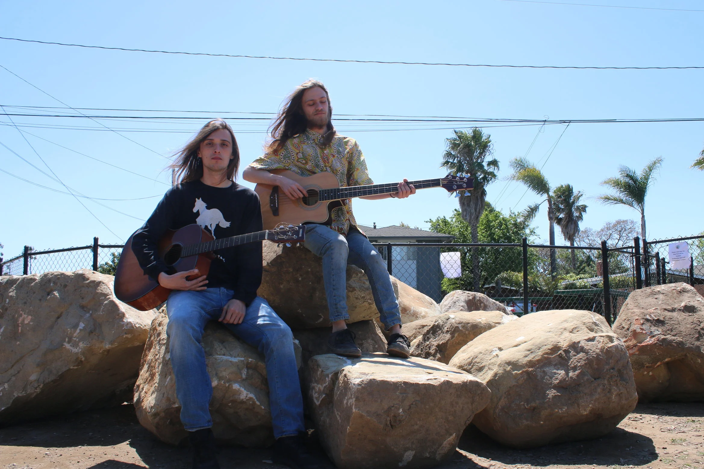  UC Santa Barbara Music Composition majors Cory Fildes(left) and Will Stout(right) show off some of their instruments in Isla Vista. 