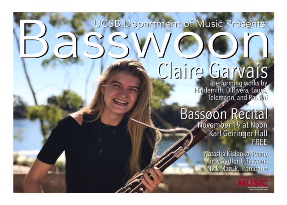  Garvais holds her bassoon in a poster for her solo recital in November 2017. (Photo provided by Claire Garvais) 