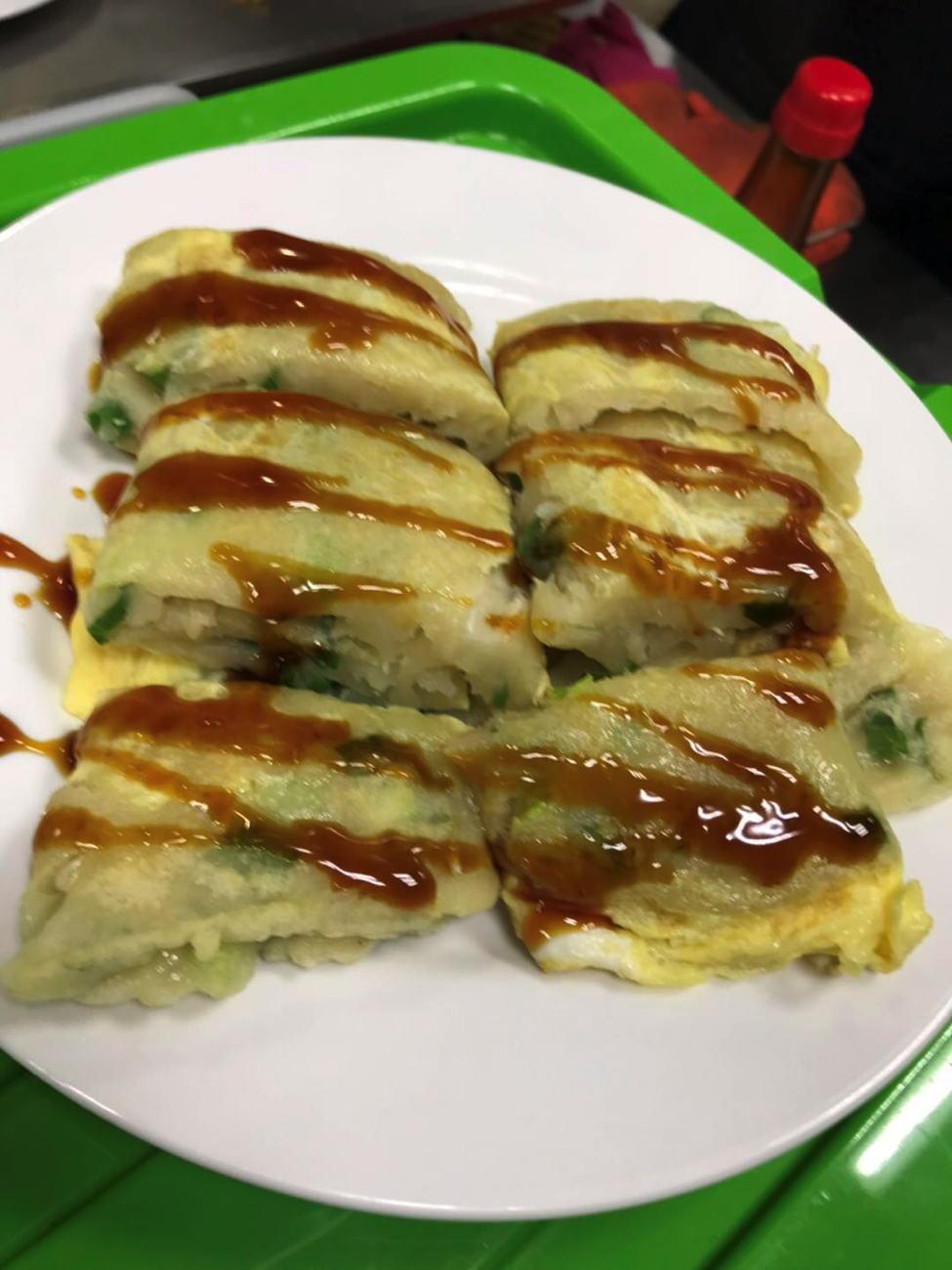  This is a photo of a Taiwanese Traditional Breakfast: Chinese Omelet. 