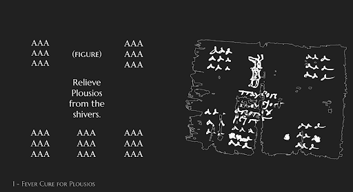   The slide shows an ancient fever cure amulet inscribed  to  'Relieve Plousios from the shivers,' highlighting historical medical practices in Roman Egypt.   