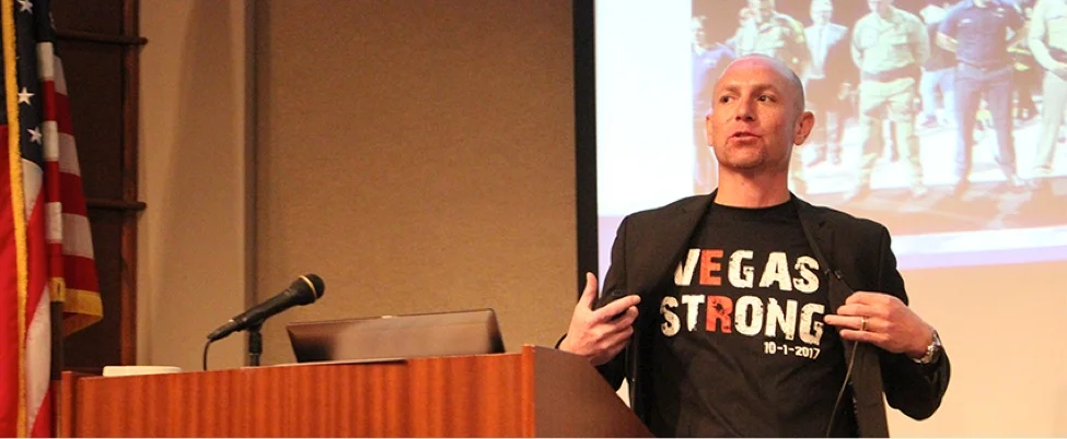  Dr. Scott Sherr, an emergency room physician at Sunrise Hospital in Las Vegas, speaks at the recent Active Shooter Preparedness Training, sponsored by the Walter H. Capps Center for the Study of Ethics, Religion, and Public Life. 