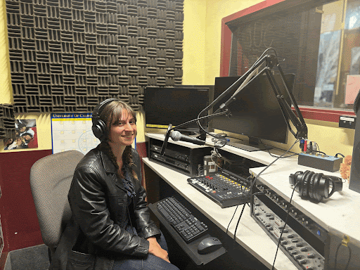  UCSB History of Law and Public Policy student Rosie Bultman in her studio at KCSB, UCSB’S radio station.  