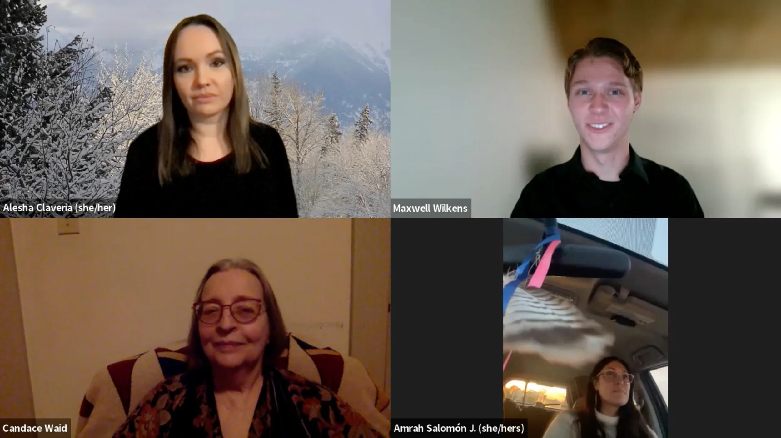  HFA student Maxwell Wilkens (top right) spoke to faculty from UCSB’s English department, Candace Waid (bottom left) and Amrah Salomón J. (bottom right), and from Cal State Northridge’s American Indian Studies department Alesha Claveria (top left) during “HFA Speaks: Thanksgiving Through Indigenous Eyes.”  