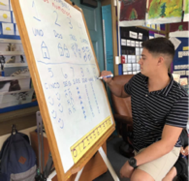  Linguistics alum Jake Lazich teaching an introductory Spanish lesson at Peabody Charger School  in Santa Barbara County.  