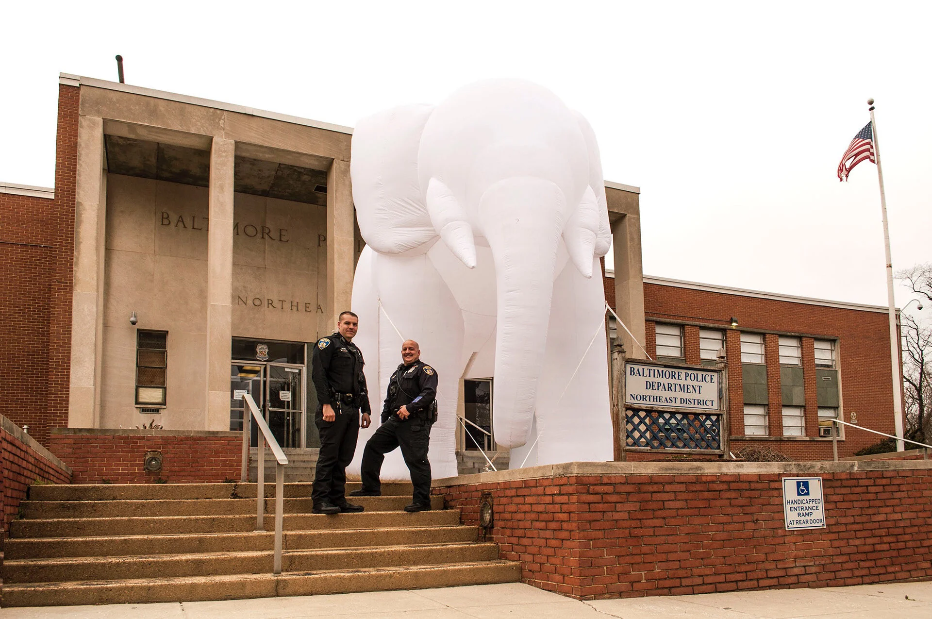  “Light Elephant,” an inflatable elephant, by UCSB art professor Iman Djouini and Jonathan Taube on display outside the Baltimore City Police Department in 2018. 