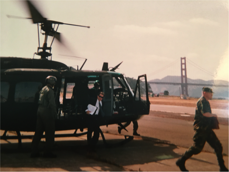  San Francisco, 1991. Grayson gets out of his helicopter on Chrissy Field when the Presidio was still an army base. 