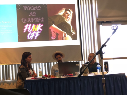  Graduate students Raquel Rojas, Allen Mangaña and Ana Caroline Moreno presented their research for their thesis projects to a panel during the 