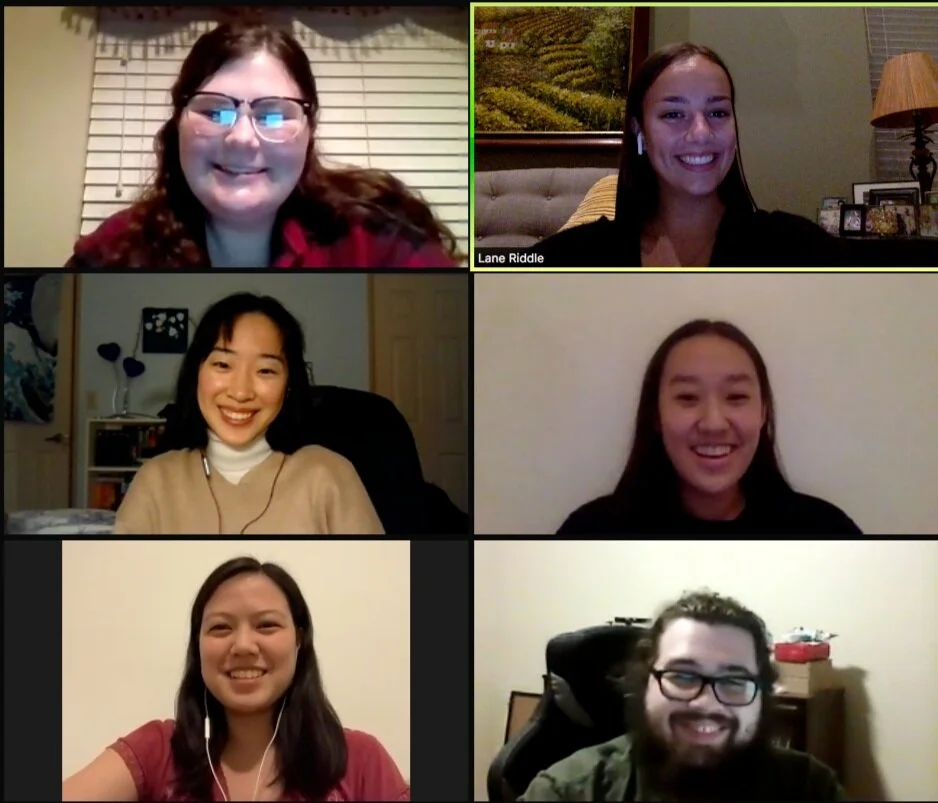  A Zoom session of the Linguistics Peer Tutoring Lab, including four undergraduate tutors and the graduate student coordinator, Jordan Douglas-Tavani, bottom right.  