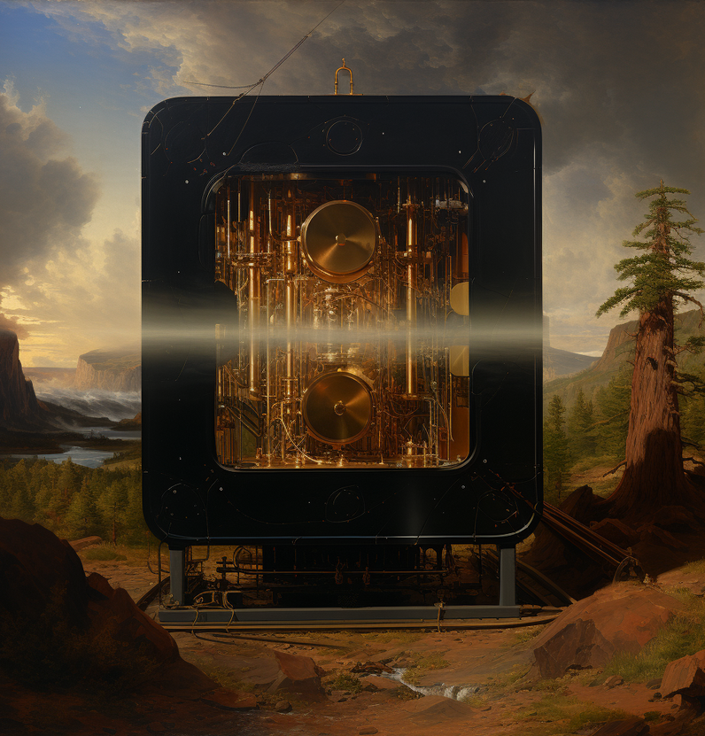 UCSB digital humanities professor Fabian Offert’s research focuses on machine learning and artificial intelligence, such as the generative AI program Midjourney. It produced this image  after being prompted to create “a painting of a quantum computer by Albert Bierstadt.” 
