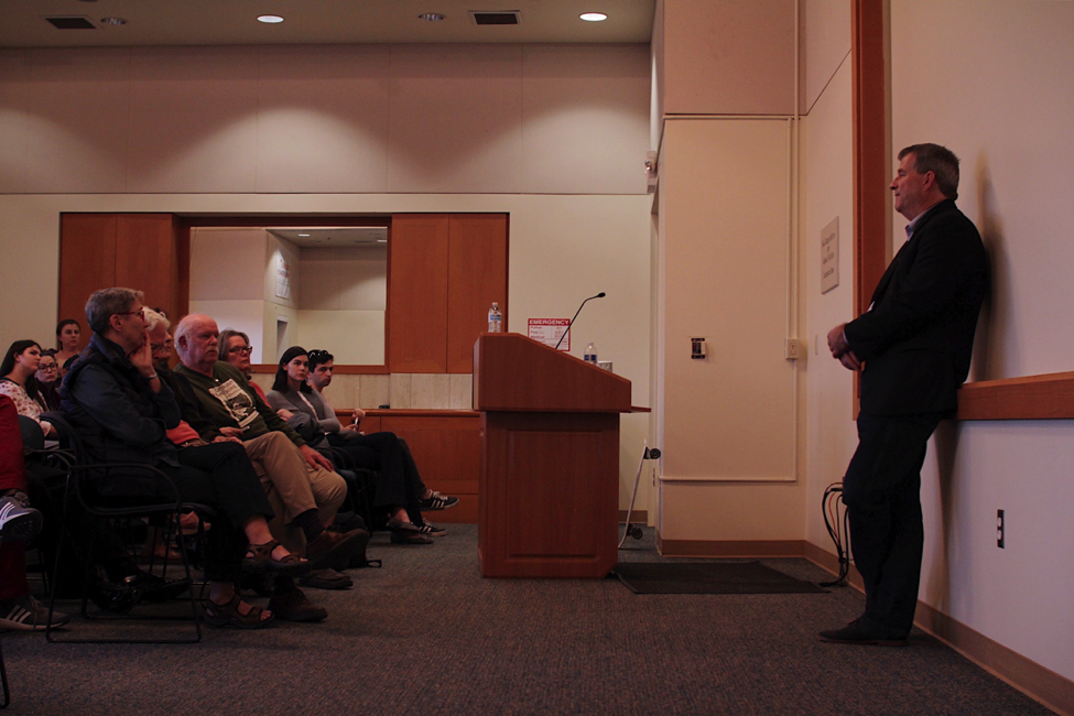  Author and Freelance Journalist Sam Quinones addresses the UCSB McCune Conference room on his award winning 2015 book  Dreamland:   The True Tale of America’s Opiate Epidemic.  