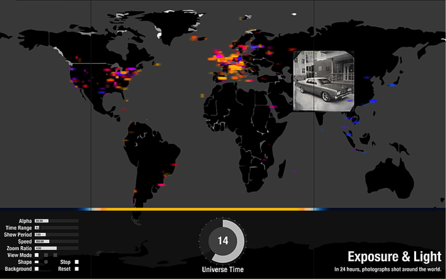  Weihao Qiu’s ‘Exposure & Light’ installation at MOXI in Santa Barbara shows a selected image of daily life from a specific region in the world map. 