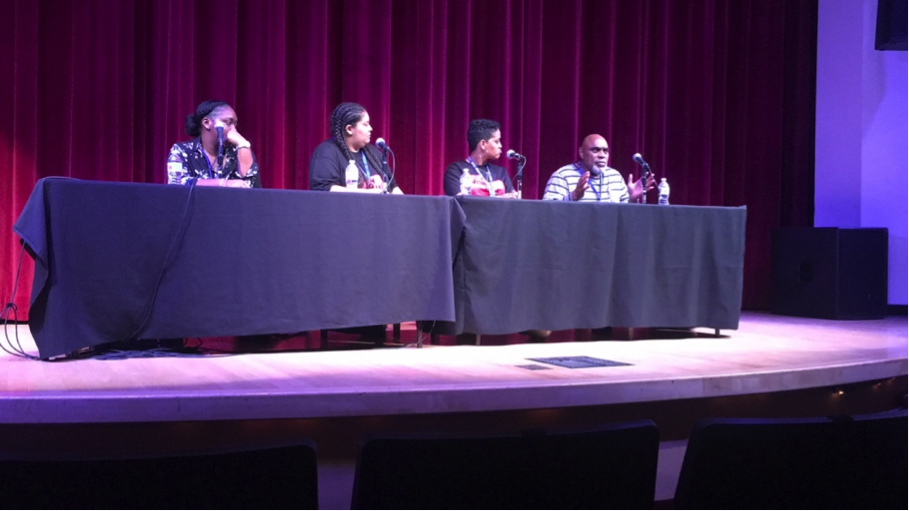  UCSB alumni Alexis Wright and Dalton Nezey join Mariyah Lewis and Alexandra Gessesse of the Black Student Union in a discussion about the need for a Black Alumni Association. 