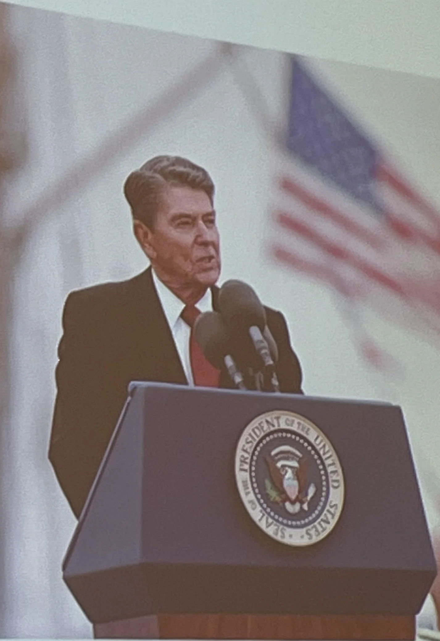   An image of President  Ronald Reagan shown during media and religion scholar Diane Winston’s lecture at UCSB’s  Walter H. Capps Center. Reagan maintained close ties with televangelist Jerry Falwell.  