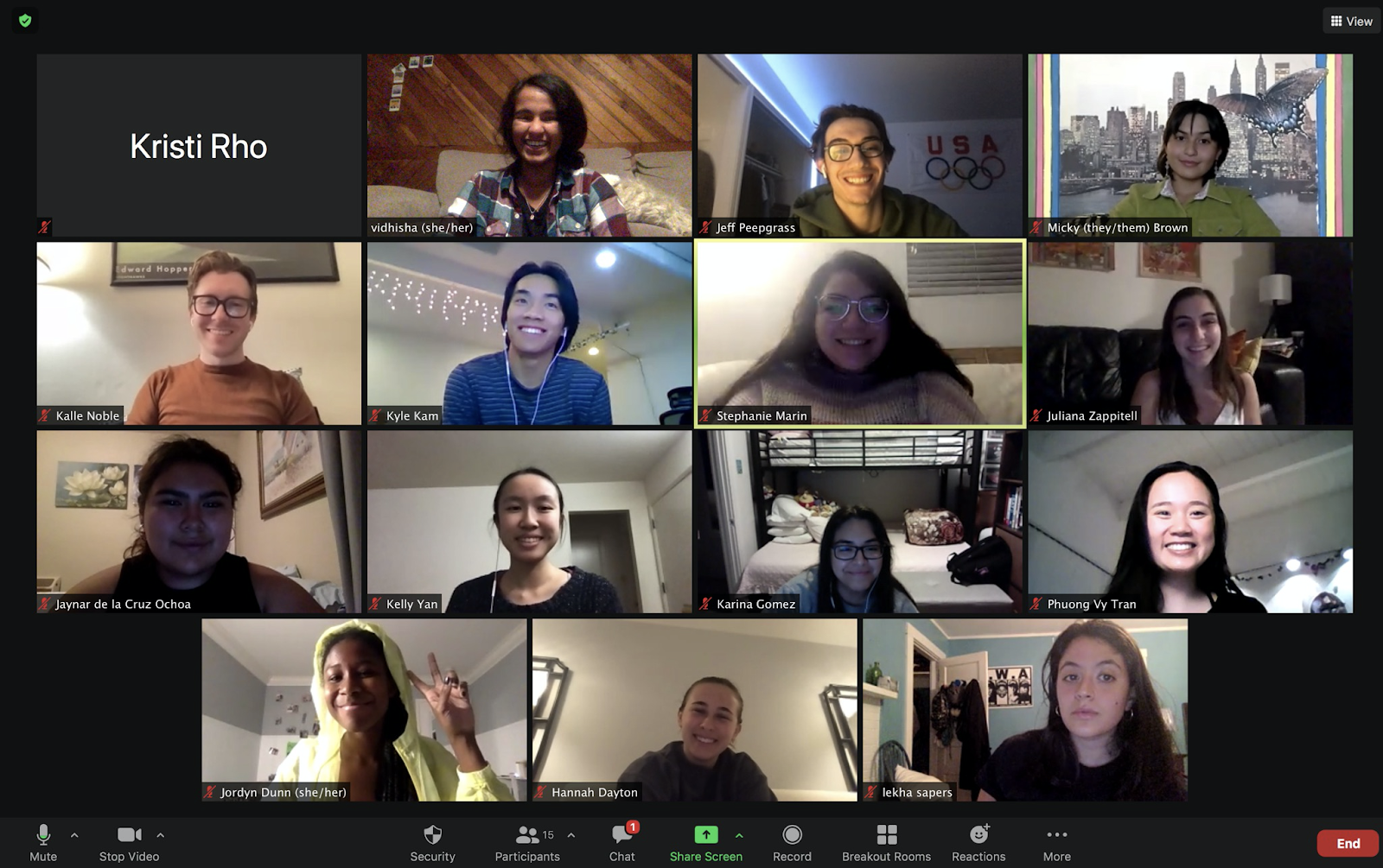  Festival producer Vidhisha Mahesh, and director Jeffrey Peepgrass, second and  third from left on top row, at a recent Reel Loud committee Zoom meeting. 