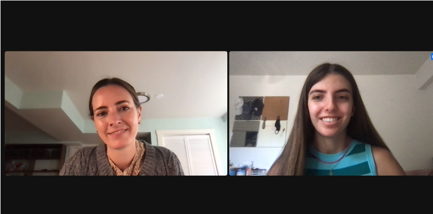  Writing Program lecturer Ellen Whittet, left, and student reporter Lian Benasuly, right, speaking on Zoom about the ‘Tell Your Pandemic Story’ initiative. 