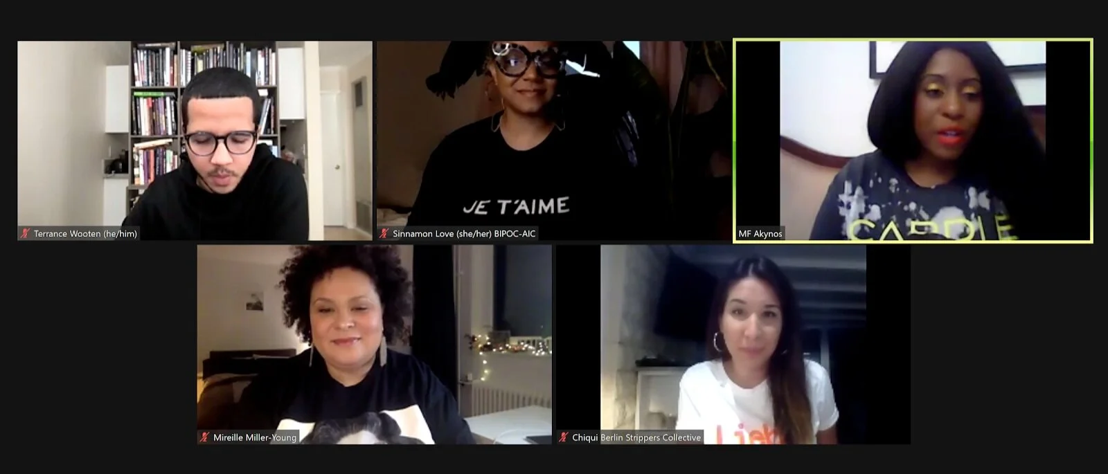  From left to right, UCSB Black Studies professor Terrance Wooten, Sinnamon Love of the BIPOC Sex Workers Collective, MF Akynos of the Black Sex Workers Collective and Chiqui of the Berlin Strippers Collective in an event on sex work during the time of COVID, presented by the Multicultural Center and the Interdisciplinary Humanities Center.   