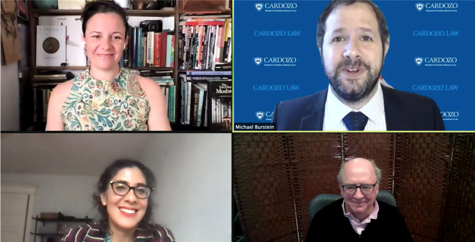  Kate Klonick, upper left, Michael J. Burstein, upper right, Sonia Katyal, lower left, and Randal C. Picker, lower right, in a virtual debate hosted by UCSB’s Interdisciplinary Humanities Center about regulating powerful technology companies.  