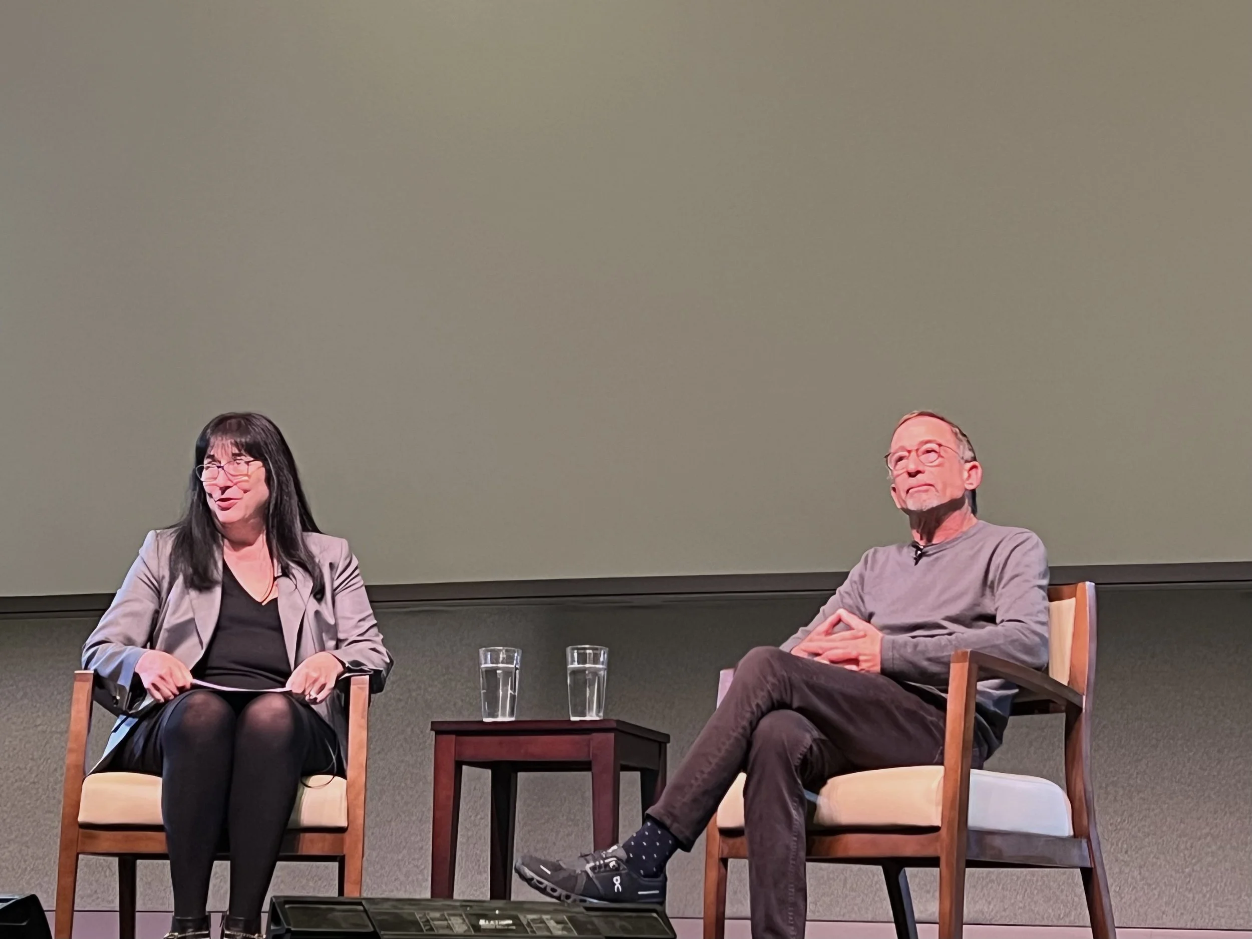   Carsey-Wolf Center director Patricia Petro, left, and UCSB alum James Hayman during   a conversation about Hayman’s career, education, and film and television directorial work.   