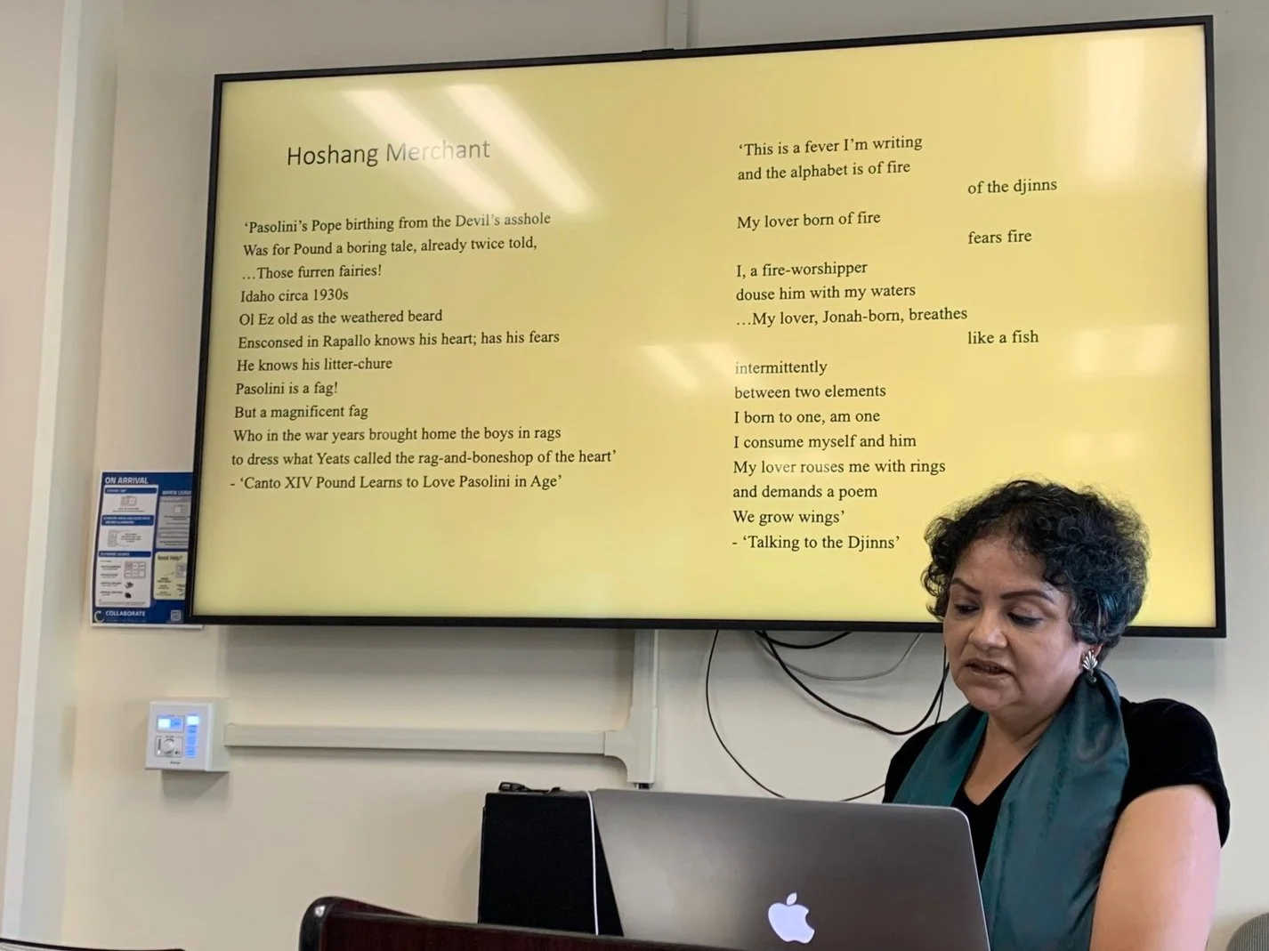  New Delhi-based poetry scholar Brinda Bose reading aloud two of Indian poet Hoshang Merchant’s most famous poems, at a recent talk at UC Santa Barbara. 