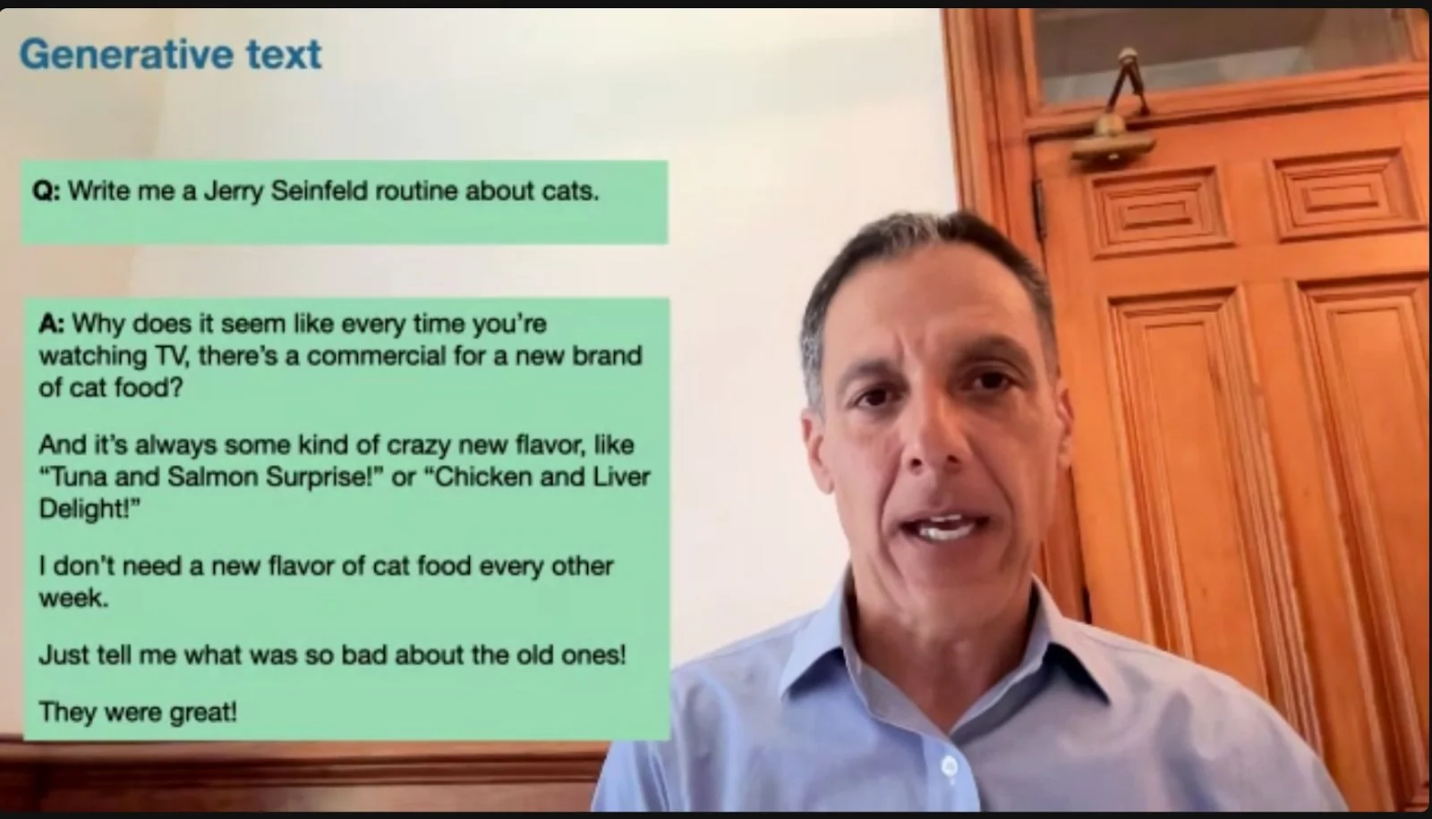  UC Berkeley computer scientist Hany Farid presented an example of text generated by AI in response to a prompt he wrote about comedian Jerry Seinfeld. 