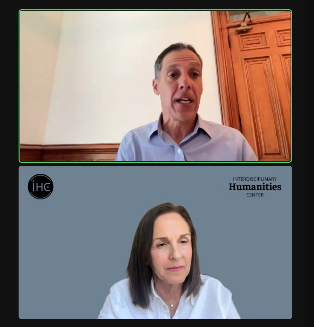  UC Berkeley computer science and engineering professor Hany Farid, top,  and Susan Derwin, director of the Interdisciplinary Humanities Center at UCSB, during the IHC’s “TMI”  lecture  Deep Fake Technology and Detection. 