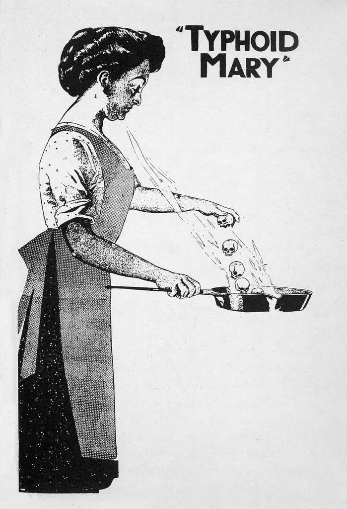   Mary Mallon, the first asymptomatic carrier of the pathogen bacteria ‘typhi’ in the United States, featured in 1909 cartoon.                               Picryl   