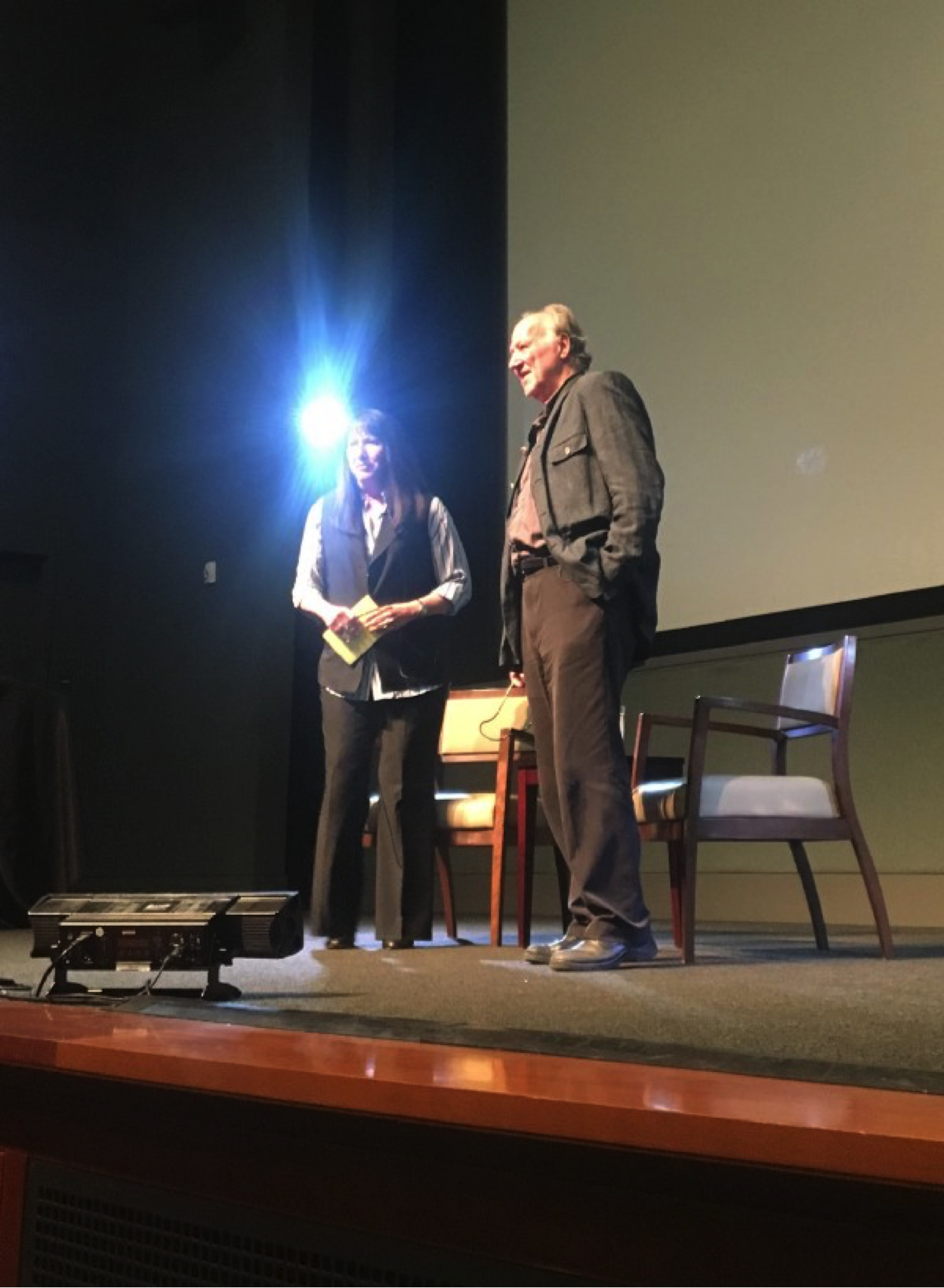  Patrice Petro, left, director of UCSB’s Carsey-Wolf Center, and filmmaker Werner Herzog, arrive on the Pollock Theater stage, to roaring audience applause. 